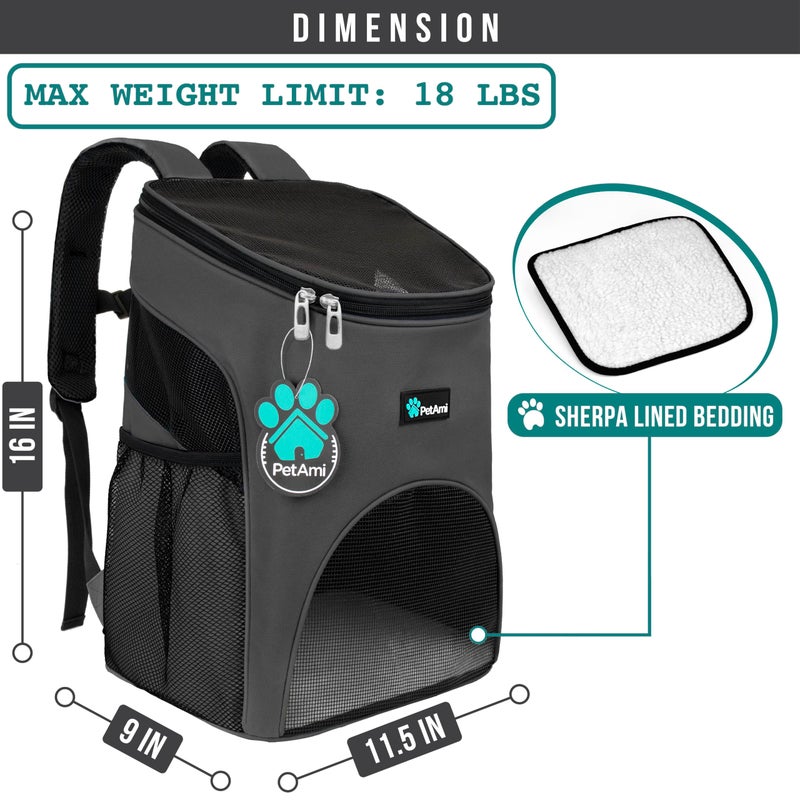 PetAmi Small Dogs and Cat Backpack Carrier, Airline Approved Pet Backpack Carrier, Ventilated, Safety Strap, Buckle Support Designed for Hiking Travel Camping Outdoor, Max 18 lbs (Gray) - Image 2
